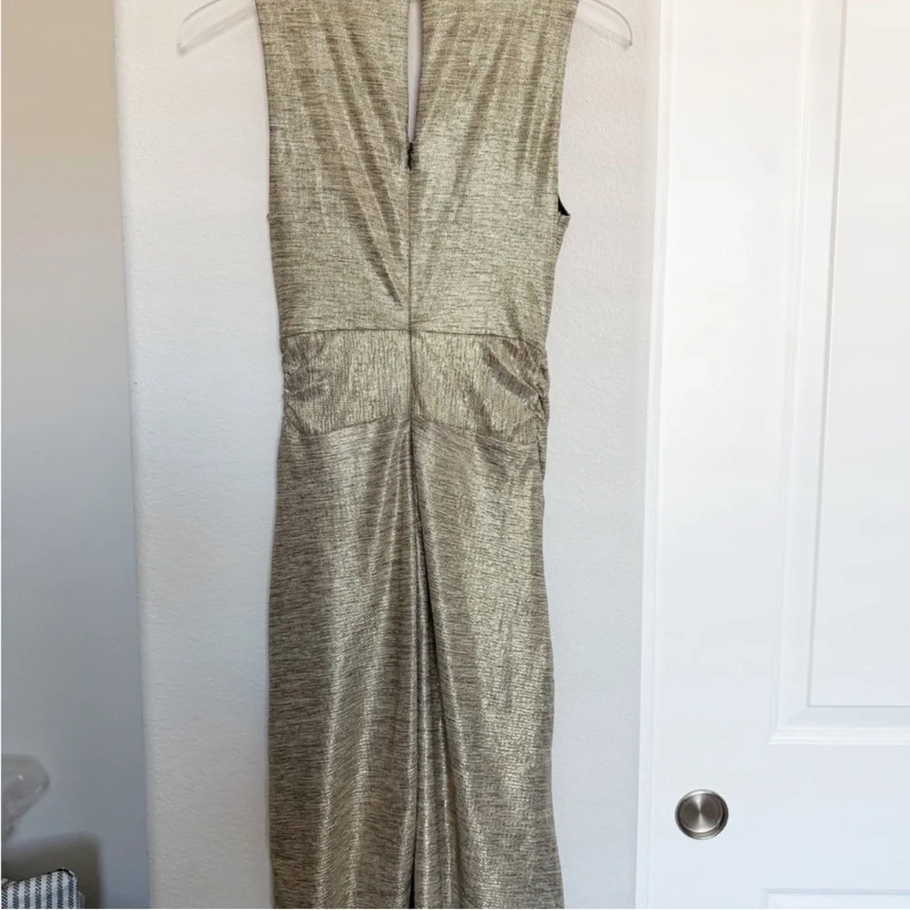 Anthropologie Gold Metallic Faux Wrap Side Ruched Dress - Picture 3 of 8